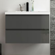 Acezanble - Meuble salle de bain 80cm anthracite brillant avec 2 tiroirs à fermeture automatique et simple lavabo