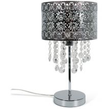 Acrylic Jewel Bead Droplet Table Lamp Drum Lampshade Bedside Light - Silver + LED Bulb