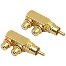 Adaptateur Diviseur rca y, Connecteur 90 degrés rca Male vers 2 Femelles rca pour Audio Vidéo, Jack doré (Lot de 2)