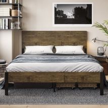 Adorneve - Châssis de lit en métal 160x200cm avec tête de lit en bois, lit double avec sommier à lattes robuste, châssis de lit pour adulte avec