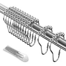 12 Pcs Anneaux de Douche en Acier Inoxydable 65 x 37 mm, Crochets de Rideau de Douche avec Système Coulissant, Billes Glissant en Métal (Argent)