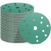 50 Stück Schleifscheiben 150 mm, 15 Löcher, 10x Körnung 60/80/120/180/400, Schleifpapier für Exzenterschleifer (Grün (P60/P80/P120/P180/P400))