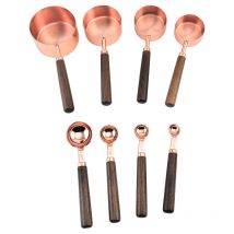 Cuillères et Tasses à Mesurer en Acier inoxydable, Lot de 8, 4 Cuillères à Mesurer, 4 Tasses à Mesurer, Manche en Bois, Cuillere Doseuse pour Mesurer