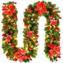 Ahlsen - Décoration de guirlande de Noël avec des lumières, plantes de vigne artificielles en rotin de Noël avec des fleurs et des ornements de