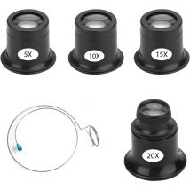 Ahlsen Lot de 4 Loupes de Bijoutier Loupe D'horloger 5X 10X 15X 20X Oeil Portant des Loupes Bijoutier avec Porte-Fil Montre Horloge Réparation Loupe