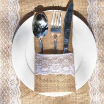 Lot de 60 porte-ustensiles en toile de jute en dentelle - pour couverts, couteaux et fourchettes pour mariage vintage - Ahlsen