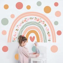 Ahlsen - Pegatinas de pared de arcoíris con lunares bohemios, pegatinas de pared de flores rosas para habitación de niña, decoración de pared para el