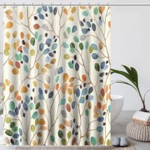 Rideau De Douche 180x200 Anti Moisissure Rideau Baignoire Beige Rideau Douche Lavable Machine Motif Botanique Coloré avec Trous Shower Curtain Tissu