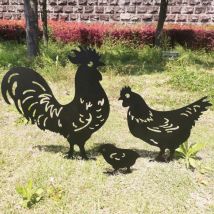 Set of 3pcs Metal Iron Animal Figurine Rooster Hen and Chick Statue Silhouette Decorative Ornament for Yard Farm Garden Decoration - Ahlsen