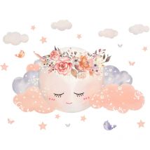 Ahlsen - Stickers Muraux Pépinière Filles, 60 x 30 cm, Rose Stickers Muraux Chambre Bébé, Nuages ​​Mur Tatouage, Lune Enfants Chaud Stickers Muraux