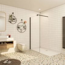 Aica Frameless Black Walk In Shower Screen 1100mm with 1400x760mm Tray Waste