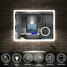 AICA Sanitaire 80cmx60cm + Bluetooth + horloge +3 couleurs LED réglables + miroir grossissant + antibuée