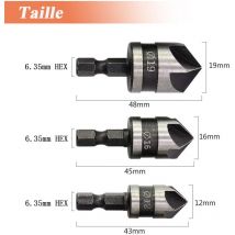 Aiducho - 3PCS Fraises à Chanfreiner 90 Degrés Fraise Conique à Noyer 12mm/16mm/19mm Fraise Bois 1/4' Hex Foret Fraisage Bois en Acier au Carbone