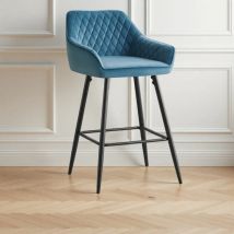 1X Velvet Bars tools Fabric Upholstered seat with Backrest Armrest Black Metal Legs Kitchen Breakfast Counter Chairs Teal - Ainpecca