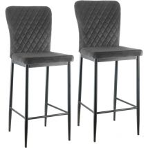Ainpecca - Bar Stools Set 2 Grey Velvet Breakfast Bar Chairs Counter Kitchen Island Black Metal Legs Footrest Base Dining Room Home Modern High Bar