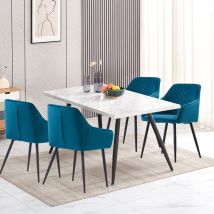 Ainpecca - Dining Table and 4 Dining Chairs Set Dining Room Chair Kitchen Home Office(Grey table+4 Teal velvet chairs)