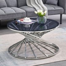 Ainpecca - 80CM Round Sofa Side Table With Tempered Glass Silver Stainless Steel Frame