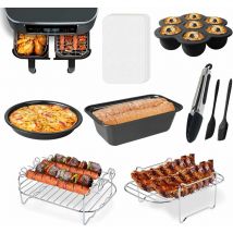 Air Fryer Accessories Set of 9, Deluxe Deep Fryer Accessories, Double Pot Grill Rectangular Oven Grill Steamer Rack Oil Paper Bowl