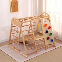 Aire de jeux 7 en 1, avec balançoire, escalade, toboggan, filet d'escalade, pierre d'escalade en plastique, anneaux, en bois massif, naturel