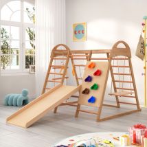 Aire de jeux 7 en 1 en bois, avec balançoires, échelle d'escalade, toboggan, filet d'escalade, aire de jeux multifonctionnelle, adaptée aux enfants à