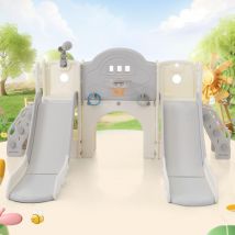 Dans Les Nuages - Aire de jeux 8 en 1, avec 2 toboggan, panier de basket, lasso, jumelles, échelle, en hdpe, Convient pour l'intérieur et l'extérieur