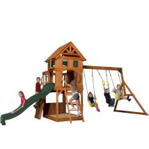 Backyard Discovery - Atlantic Aire de jeux en bois Aire de Jeux Ext rieur avec balan oire / toboggan / bac de sable / mur d escalade Balancoire