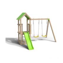 Aire de jeux easy xperience, Plateforme 0,90m, bac a sable, toboggan 1,73m + extension portique 1,90m,2 balancoires