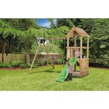 Eden Partenaire Jardin - Aire de jeu en bois avec module pour 2 balançoires - Toboggan de 1m75 - Bac a sable - Mur d'escalade