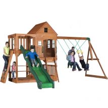 Backyard Discovery Hill Crest Aire de jeux en bois Aire de Jeux Extérieur avec balançoire / toboggan / mur d'escalade Maisonnette en Bois / Portique