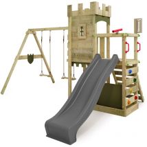 Tour de jeux Château des chevaliers BoldBaron avec balançoire & Bac à sable, garantie 10 ans, Bac à sable intégré – anthracite - Fatmoose