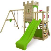 Aire de jeu Château fort BoldBaron avec balançoire & bac à sable, garantie de 10 ans, Bac à sable intégré - vert pomme - Fatmoose