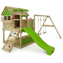 Tour de jeux Portique d'escalade TikaTaka avec toboggan & Balançoire, tour d'escalade avec bac à sable, Échelle & accessoires de jeu - vert pomme