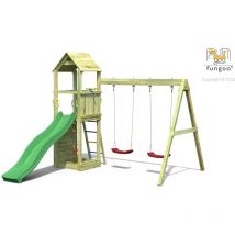 Fungoo Aire de jeux flappi avec échelle, toiture, bac à sable, toboggan vert, mur d'escalade & accessoires de jeux et balançoire 2 sièges - Kit