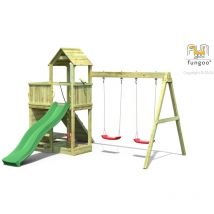 Playtown - fungoo Aire de jeux floppi avec double plateforme, rampe d'accés avec corde, mur d'escalade, toiture, bac à sable, toboggan vert &