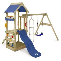 Wickey - Aire de jeux FreshFlyer avec balançoire & toboggan, maison sur pilotis avec bac à sable, échelle d'escalade & accessoires de jeu - bleu