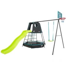 Aire de jeux métal explorer tour - tapis explorer - balançoire - basket - toboggan - piscine à balles h246 cm