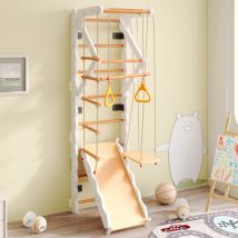 Aire de jeux multifonction 6 en 1, mur d'escalade 199 cm, aspect bois, avec toboggan, balançoire, échelle, jungle gym, zone de traction, capacité de