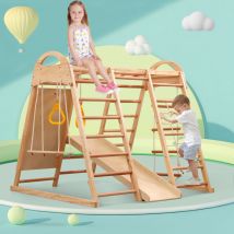 Aire de jeux multifonctionnelle 7 en 1,avec balançoire,échelle,toboggan,mur d'escalade,pierre d'escalade en plastique,Bois contreplaqué et bois de
