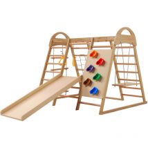 Okwish - Aire de jeux multifonctions 7 en 1, en bois massif, contreplaqué et bois de hêtre. Balançoire, échelle d'escalade, toboggan à plaque