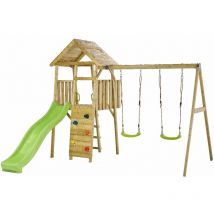KANGUI Aire de jeux portique en bois WOODI - Double balançoire, toboggan, mur d'escalade, cabane, échelle