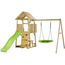 Aire de jeux portique en bois woodi - Double balançoire ou Nid, toboggan, mur d'escalade, bac a sable, table pique nique, cabane, échelle - Kangui