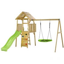 Aire de jeux portique en bois woodi - Double balançoire et nid Ø100cm, toboggan, mur d'escalade, cabane, échelle - Kangui