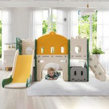Aire de jeux pour enfants 6 en 1 avec toboggan, jeux d'escalade, jeux de forage, espace de rangement, allée de jeu, panier de basket en pehd,