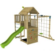 Tp Toys - Aire de jeux santoline skywood double plateforme - filet à grimper - tyrolienne - bac a sable - toboggan - bois fsc