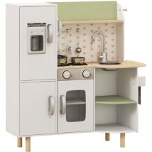 AIYAPLAY cocina de juguete infantil de madera con máquina de hielo fregadero de acero inoxidable móvil taza y utensilios de cocina 84x34x89cm
