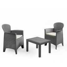 Akita - Salon de jardin en polyrotin avec 2 fauteuils + table basse. Ensemble de salon d'extérieur de couleur anthracite fourni avec 2 coussins crème