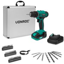Akku-Bohrschrauber 20V – 19 Drehmomentstufen + Bohrmodus – Inkl. 2,0Ah Akku, Ladegerät und 46 Zubehörteilen im Premium-Koffer - Vonroc