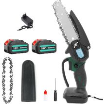 Akku-Kettensägen, 6-Zoll-Mini-Akku-Elektrokettensäge, leistungsstarke bürstenlose 18-V-Holzbearbeitungssäge, + 2 x 5,5-A-Akkus + Ladegerät –