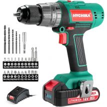 Hychika - Akkuschrauber 18V, 45 N.m Max Akkuschrauber & Bohrschrauber, mit 2.0Ah Akku & 27tlg. Zubehörset, 21+3 Stufen, 2 Geschwindigkeitsstufen zum