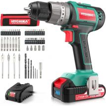 Hychika - Akkuschrauber 60 Nm Max, 18 v Bohrmaschine, bürstenlos mit 2,0 Ah Akku und 53-teiligem Zubehörset, 2 Gänge, 21 + 3 Drehmomentstufen,